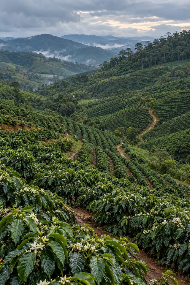 Cafezais com flores brancas em colinas verdes, caminhos de terra e névoa nos vales sob céu nublado.