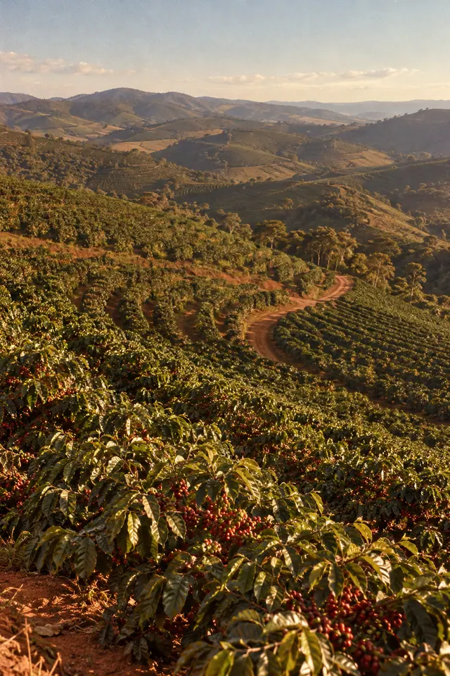 Cafezal com frutos vermelhos, estrada de terra sinuosa e colinas ao fundo sob a luz quente da tarde.