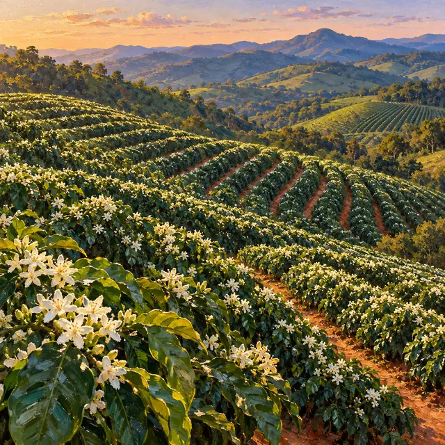Pintura a óleo de cafezal em flor sobre colinas, com caminhos de terra e montanhas sob a luz dourada do entardecer.