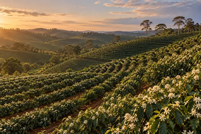 Cafezal com flores brancas em fileiras curvas sobre colinas, iluminado pela luz dourada do fim de tarde.