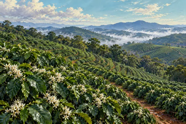 Pintura de cafezal florido em colinas verdes, com névoa nos vales e montanhas ao fundo sob céu azul.