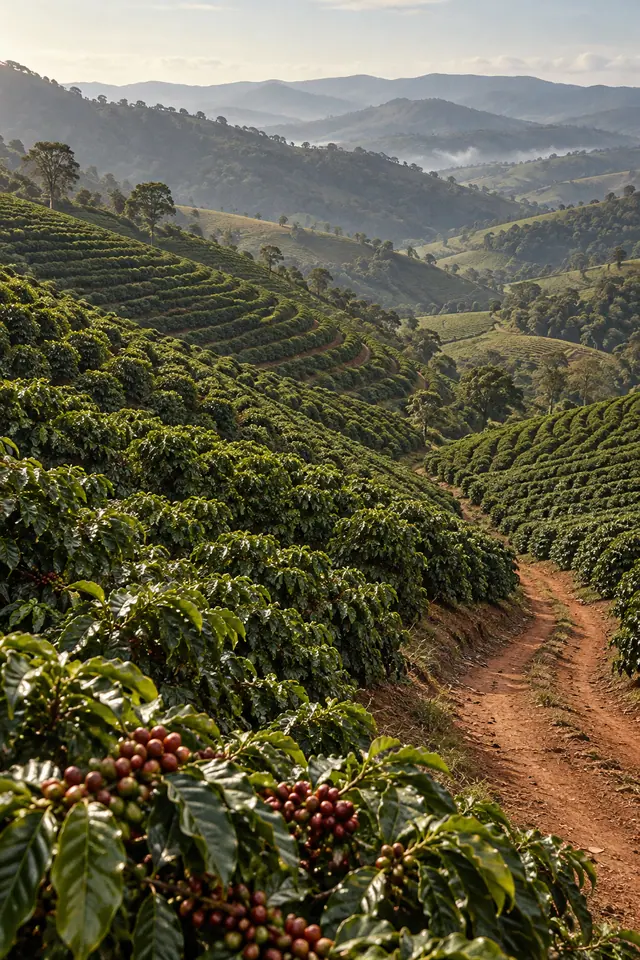 Cafezal em colinas com frutos vermelhos em primeiro plano, caminho de terra e serras com névoa ao fundo.