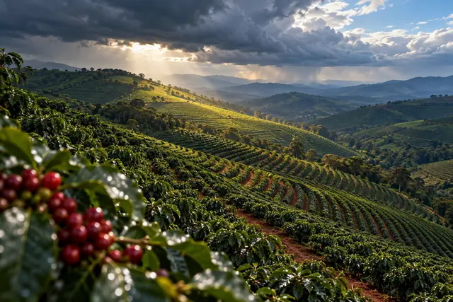 Fileiras de café em colinas sob nuvens escuras e raios de sol, com frutos vermelhos desfocados à frente.