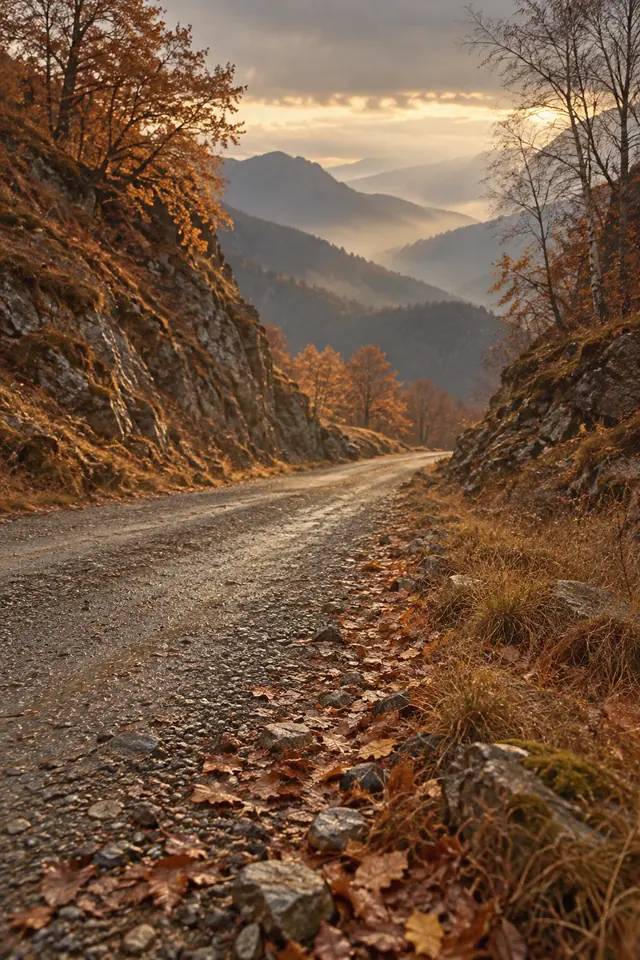 Estrada de cascalho entre encostas rochosas e árvores de outono, com montanhas na névoa e luz dourada ao fundo.
