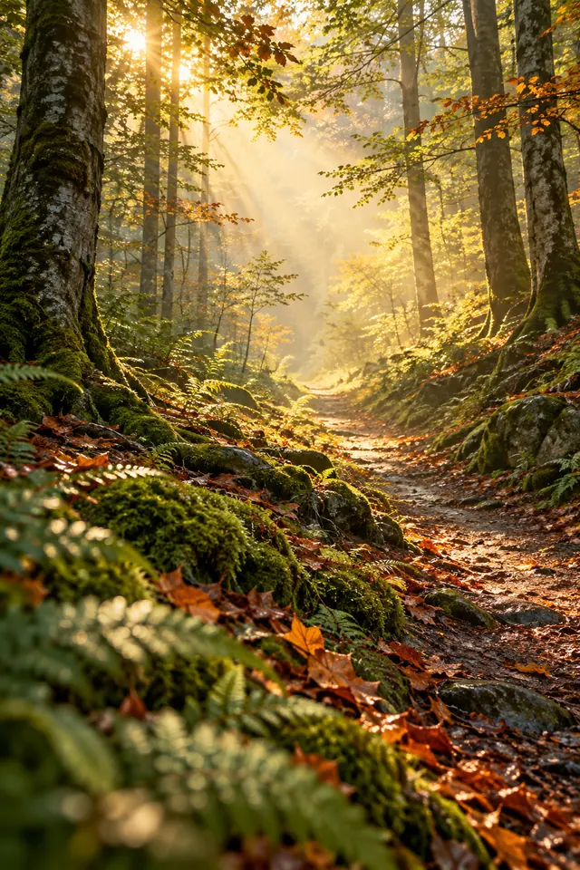 Luz dourada da manhã ilumina uma trilha na floresta entre árvores, musgos, samambaias e folhas de outono.