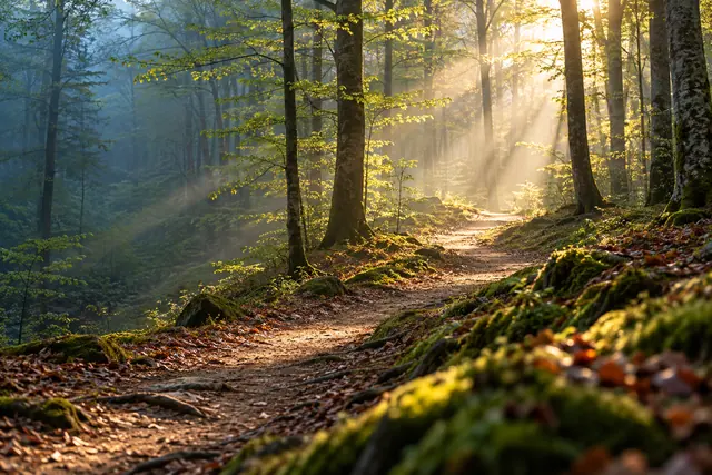 Trilha entre árvores e musgos iluminada por raios dourados de sol que atravessam a névoa da manhã.