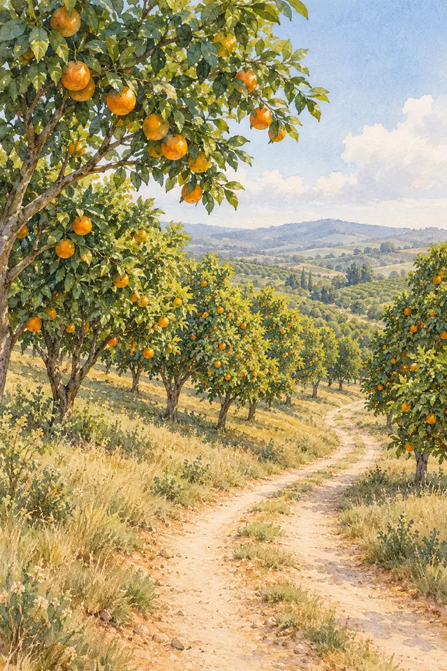 Aquarela de um caminho de terra entre laranjeiras com frutos maduros, capim dourado e colinas ao fundo.