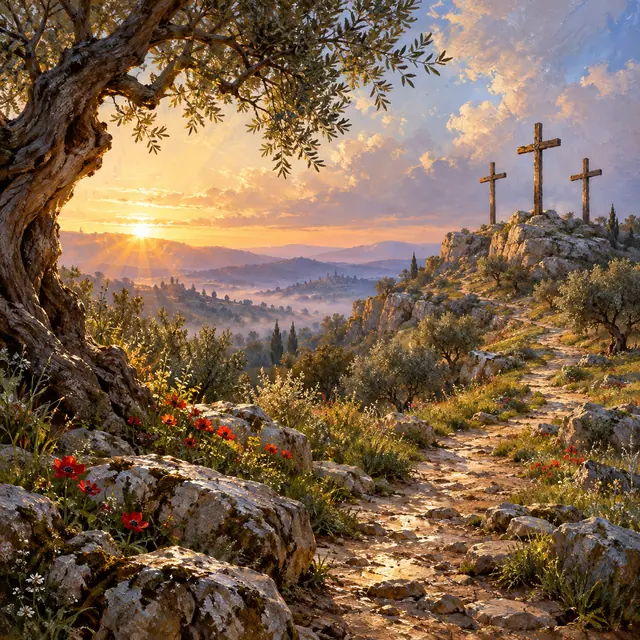 Pintura a óleo de trilha entre oliveiras e flores até três cruzes na colina, com vale sob a luz dourada do amanhecer.