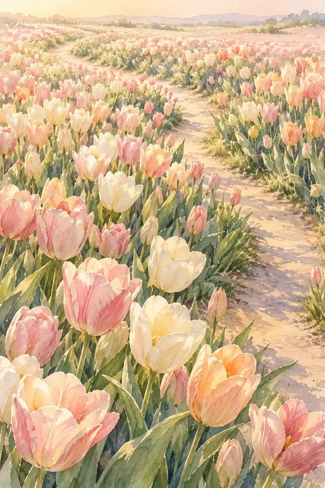 Aquarela de tulipas rosas, marfim e damasco ao redor de um caminho sinuoso, com luz suave e papel texturizado.