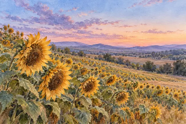Aquarela de um campo de girassóis dourados em uma encosta, com colinas ao fundo e céu rosa e lilás ao entardecer.