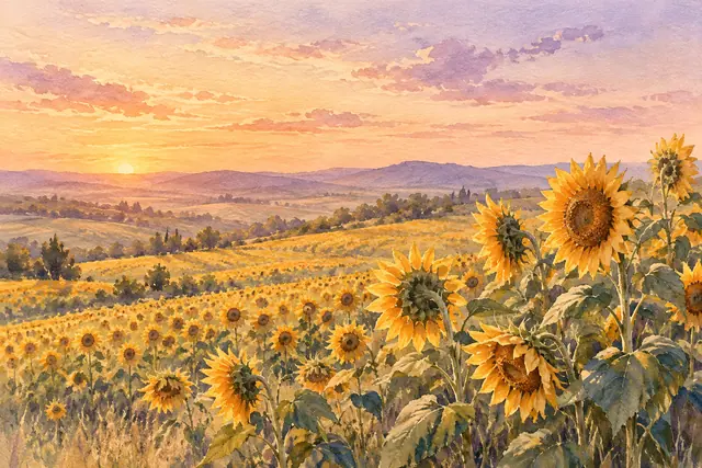 Aquarela de campo de girassóis dourados entre colinas sob céu de pêssego e lilás ao pôr do sol.