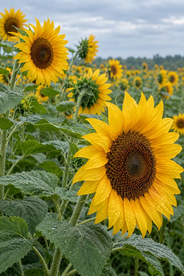 Girassol amarelo com gotas de água em primeiro plano, cercado por folhas verdes e um campo florido sob céu nublado.