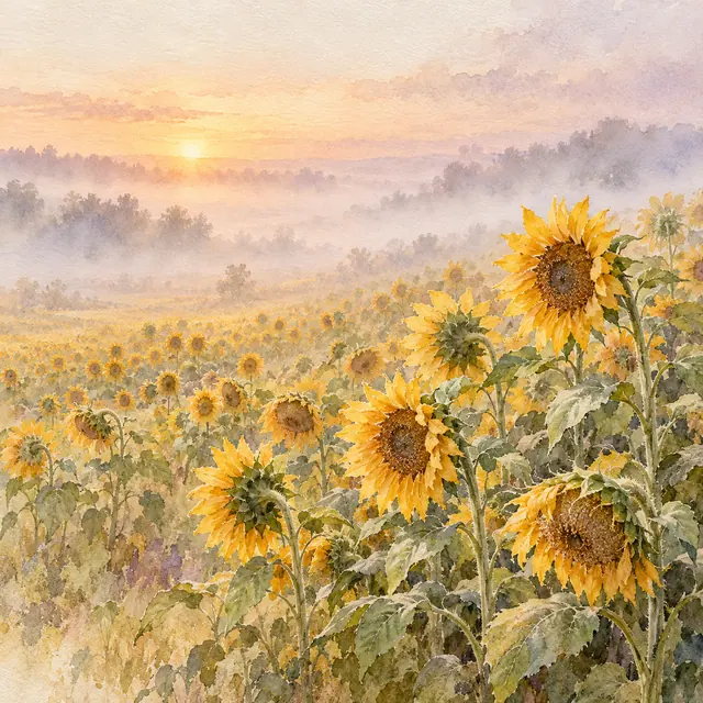 Aquarela de campo de girassóis com flores em primeiro plano e neblina sob o sol suave do amanhecer.