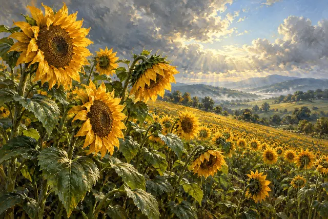 Pintura a óleo de um campo de girassóis com folhas molhadas e raios de sol entre nuvens sobre colinas.