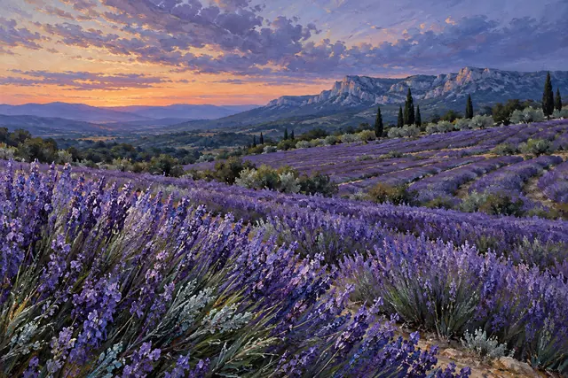 Pintura a óleo de um campo de lavanda ao crepúsculo, com ciprestes, montanhas e céu em tons de lilás e pêssego.