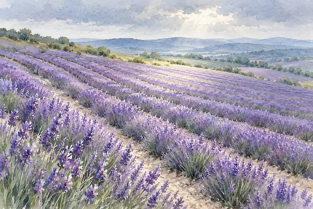 Aquarela de fileiras de lavanda numa encosta, com colinas azuladas e luz suave entre nuvens.