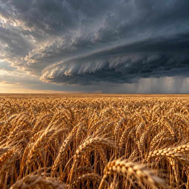 Campo de trigo dourado iluminado pela tarde sob grandes nuvens escuras, com chuva distante no horizonte.