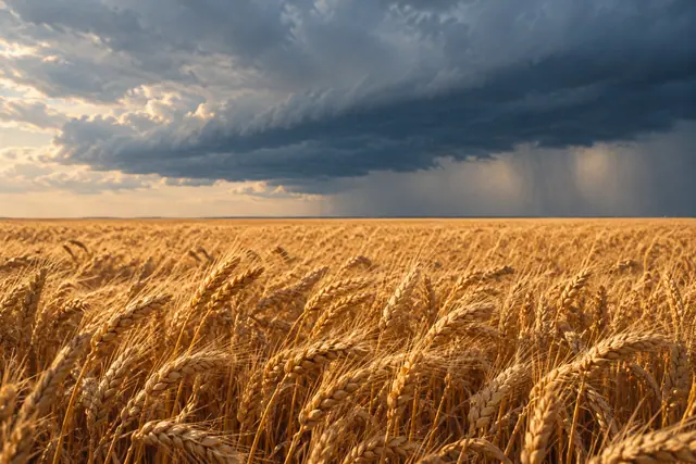 Espigas douradas de trigo sob nuvens escuras de tempestade, com luz quente e cortinas de chuva ao fundo.