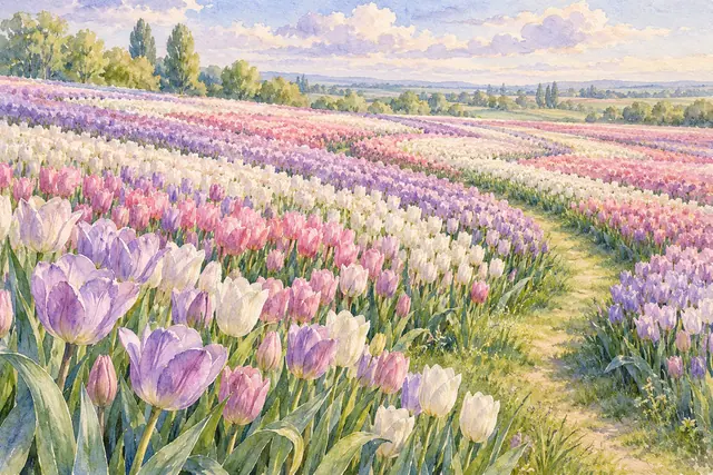 Aquarela de campo de tulipas lilases, rosas e brancas com caminho de grama, árvores ao fundo e céu com nuvens.