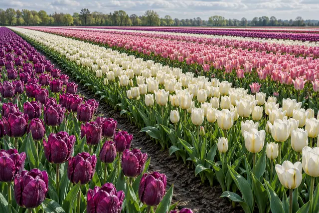 Campo com fileiras diagonais de tulipas roxas, brancas e rosas, solo úmido e árvores ao fundo.