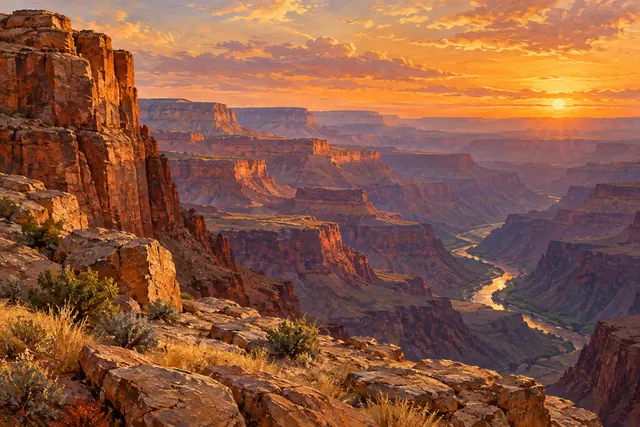 Pintura a óleo de cânion com paredões avermelhados, rio sinuoso e vegetação seca sob um pôr do sol dourado.