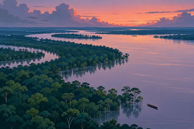 Canoa em águas lilases entre ilhas de floresta amazônica, vistas do alto sob céu coral ao entardecer.