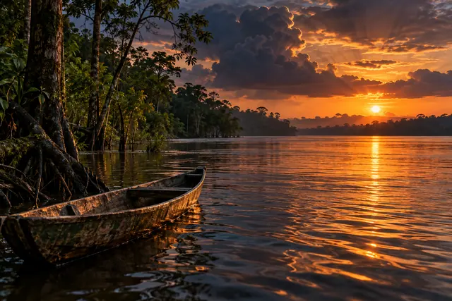 Canoa de madeira junto à floresta alagada no rio Amazonas, com pôr do sol dourado e nuvens escuras.