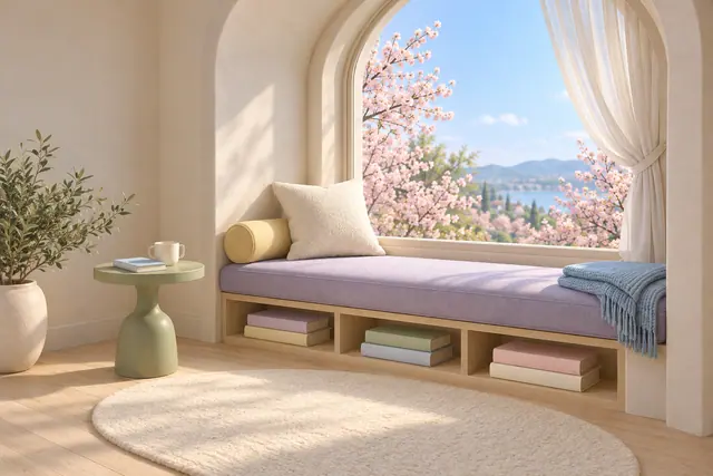 Canto de leitura com banco lilás, manta azul, mesa verde e janela em arco com vista para flores de primavera.