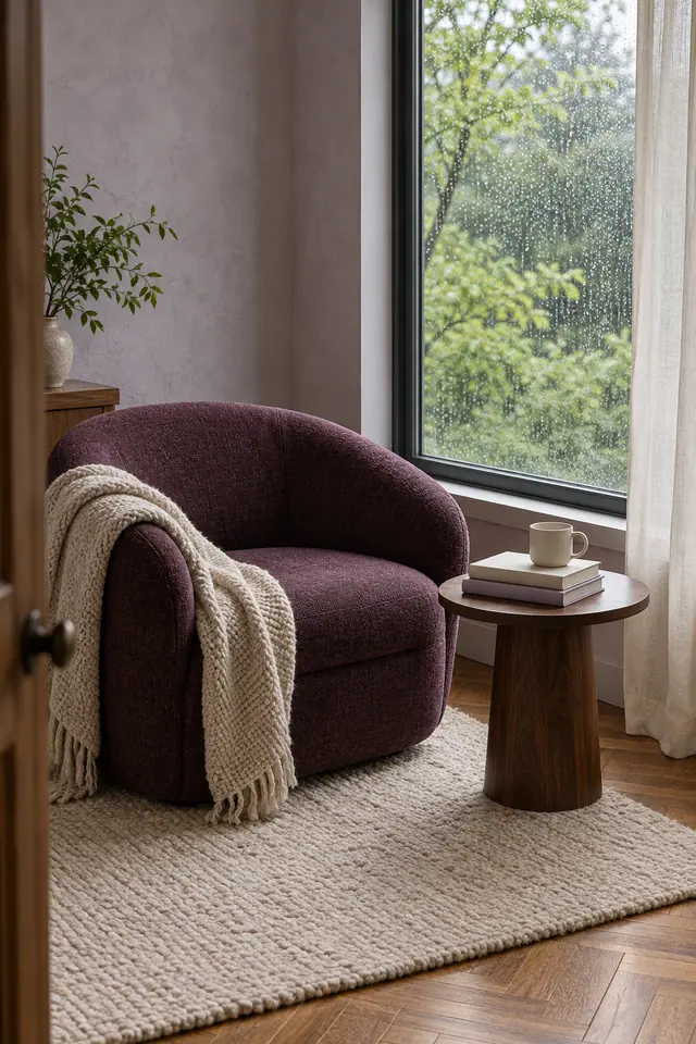 Poltrona ameixa com manta de tricô ao lado de mesa com livros e xícara, junto à janela com gotas de chuva.