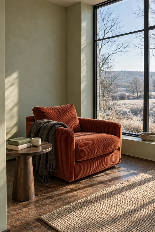 Poltrona terracota com manta ao lado de mesa com livros e xícara, junto à janela com vista para um campo com geada.