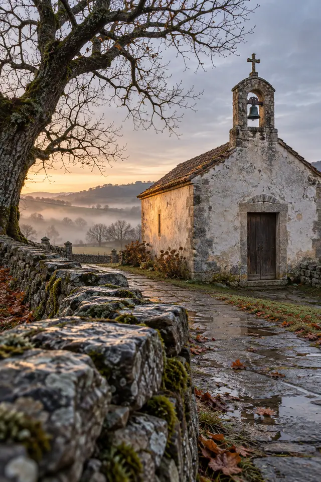 Capela antiga ao amanhecer, com sino, cruz, muro de pedra e árvore diante de colinas cobertas por névoa.