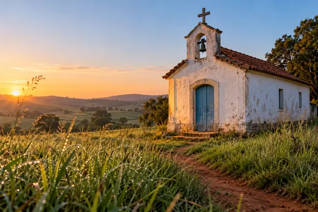 Capela antiga com porta azul, sino e cruz ao amanhecer, junto a um caminho de terra entre pastagens com orvalho.