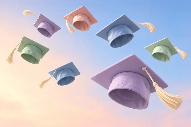 Sete capelos em tons pastel flutuam com borlas claras sobre um fundo em degradê azul e pêssego, em renderização 3D.