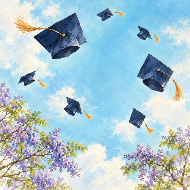 Aquarela de sete capelos azuis com borlas douradas no céu, entre ramos de jacarandá floridos.