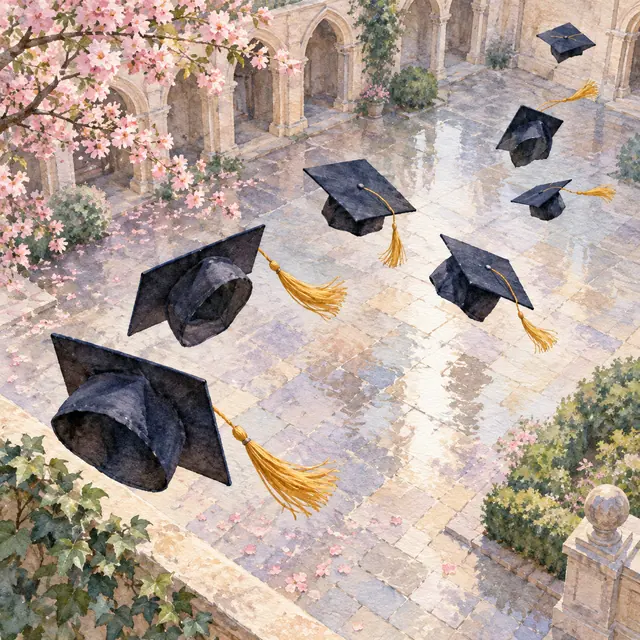Aquarela de sete capelos com borlas douradas no ar sobre um pátio com arcos de pedra e flores rosas.
