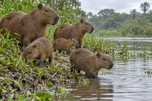 Família de cinco capivaras na margem com capim e lama, com um filhote entrando no rio sob céu nublado.