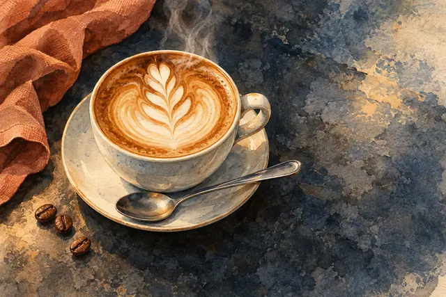 Aquarela de cappuccino com latte art, pires e colher sobre bancada escura, ao lado de grãos e tecido terracota.