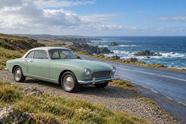 Carro clássico verde com teto creme junto a uma estrada costeira, com rochedos, ondas e céu parcialmente nublado.