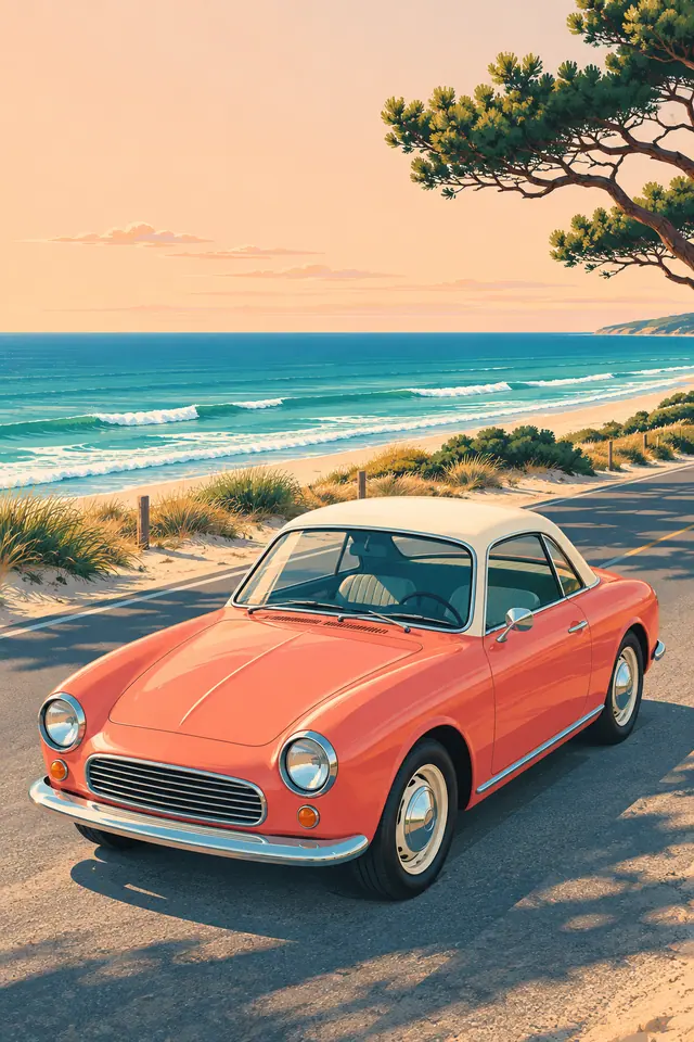 Carro retrô coral com teto claro em estrada à beira-mar, com praia, ondas e galhos sob a luz dourada.