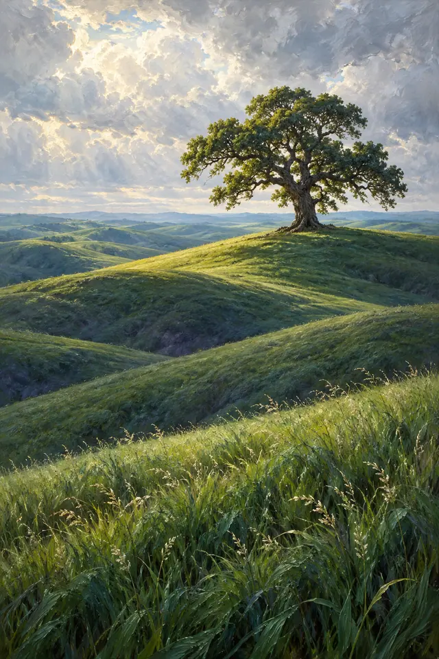 Pintura a óleo de um carvalho solitário sobre colinas verdes, com capim em primeiro plano e céu de nuvens iluminadas.