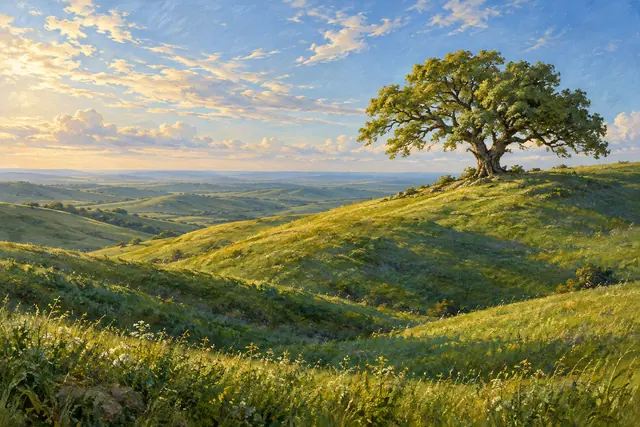 Pintura a óleo de um carvalho solitário sobre colinas verdes, com luz dourada e nuvens claras no céu azul.