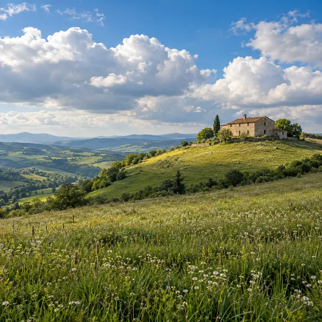 Casa de pedra no alto de uma colina verde, com flores no campo e grandes nuvens brancas no céu azul.