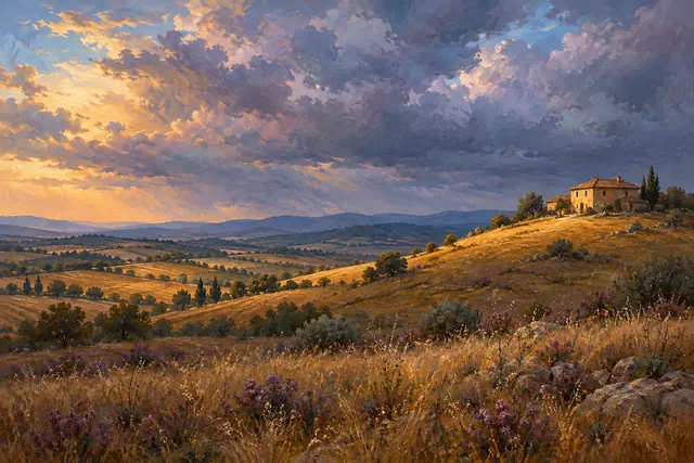 Pintura a óleo de casa em colina dourada, com flores roxas e nuvens azuladas iluminadas pelo sol da tarde.