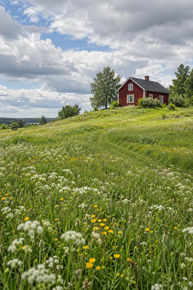 Casa vermelha no alto de uma colina com flores brancas e amarelas, árvores e céu azul entre nuvens.