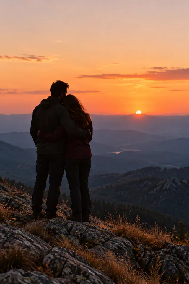 Casal abraçado sobre rochas observa o pôr do sol alaranjado diante de montanhas e vales azulados.
