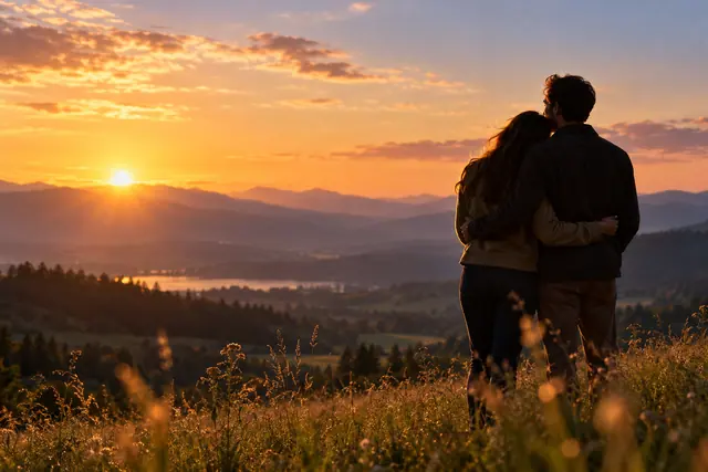 Casal abraçado em silhueta numa encosta com capim, diante do pôr do sol sobre montanhas e um lago.