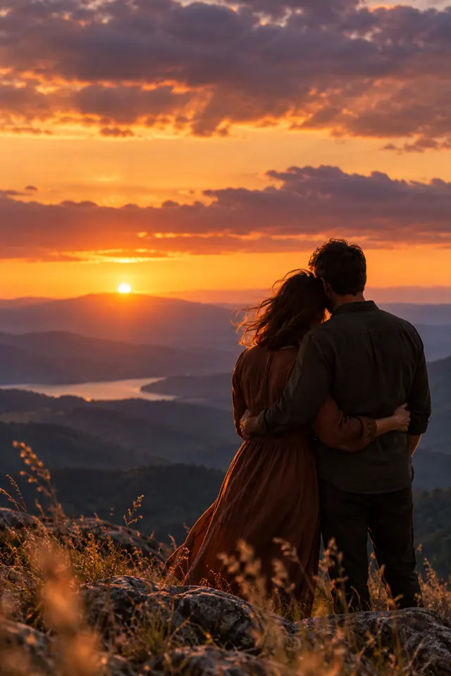 Casal abraçado de costas em mirante rochoso, diante de montanhas e lago sob o céu dourado do pôr do sol.