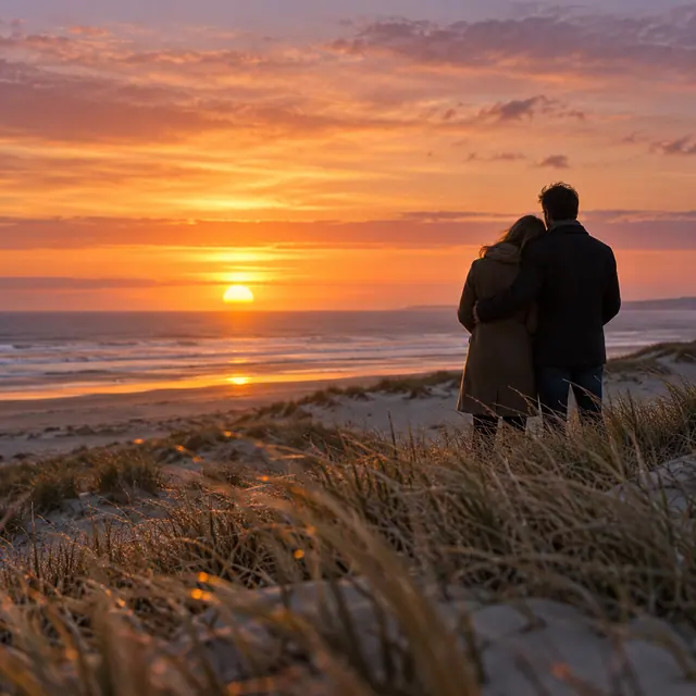 Casal abraçado de costas sobre dunas com capim, diante do mar e de um céu alaranjado ao pôr do sol.