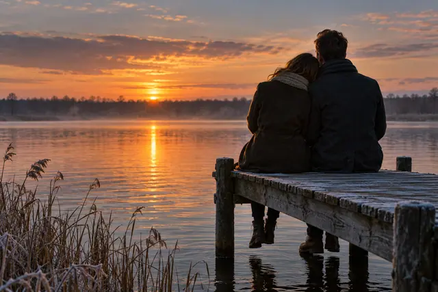 Casal de costas sentado em um píer, com a cabeça no ombro do par, diante do pôr do sol refletido no lago.