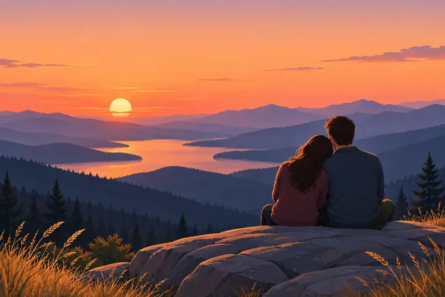 Casal sentado em uma rocha, com as cabeças próximas, observa o pôr do sol sobre um lago entre montanhas.
